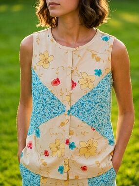 Liz Claiborne Lizsport Floral Sleeveless Patchwork Blouse 100% Silk Blue Accents